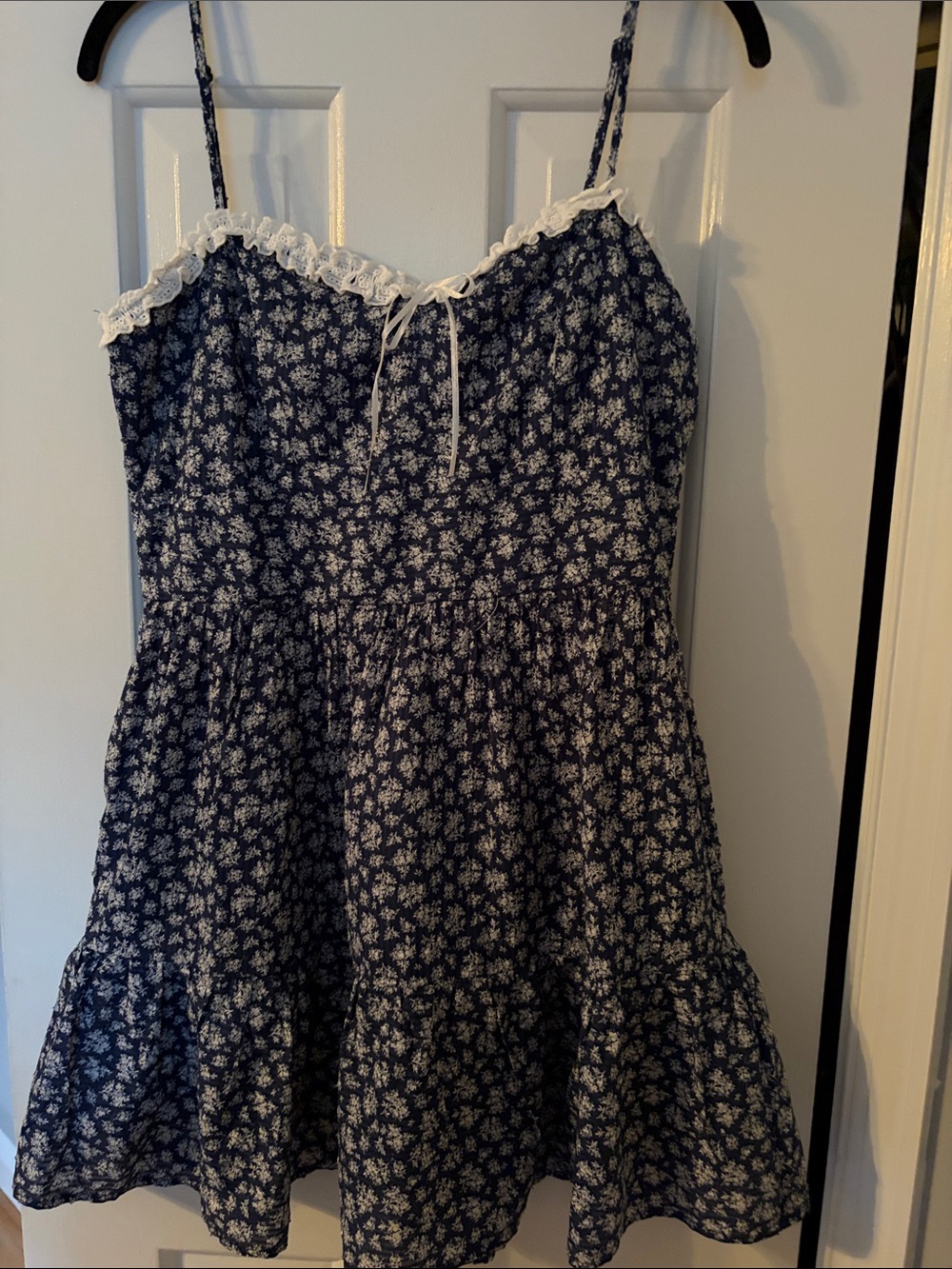 Francesca's Navy and White Floral Dress with Lace Accent
